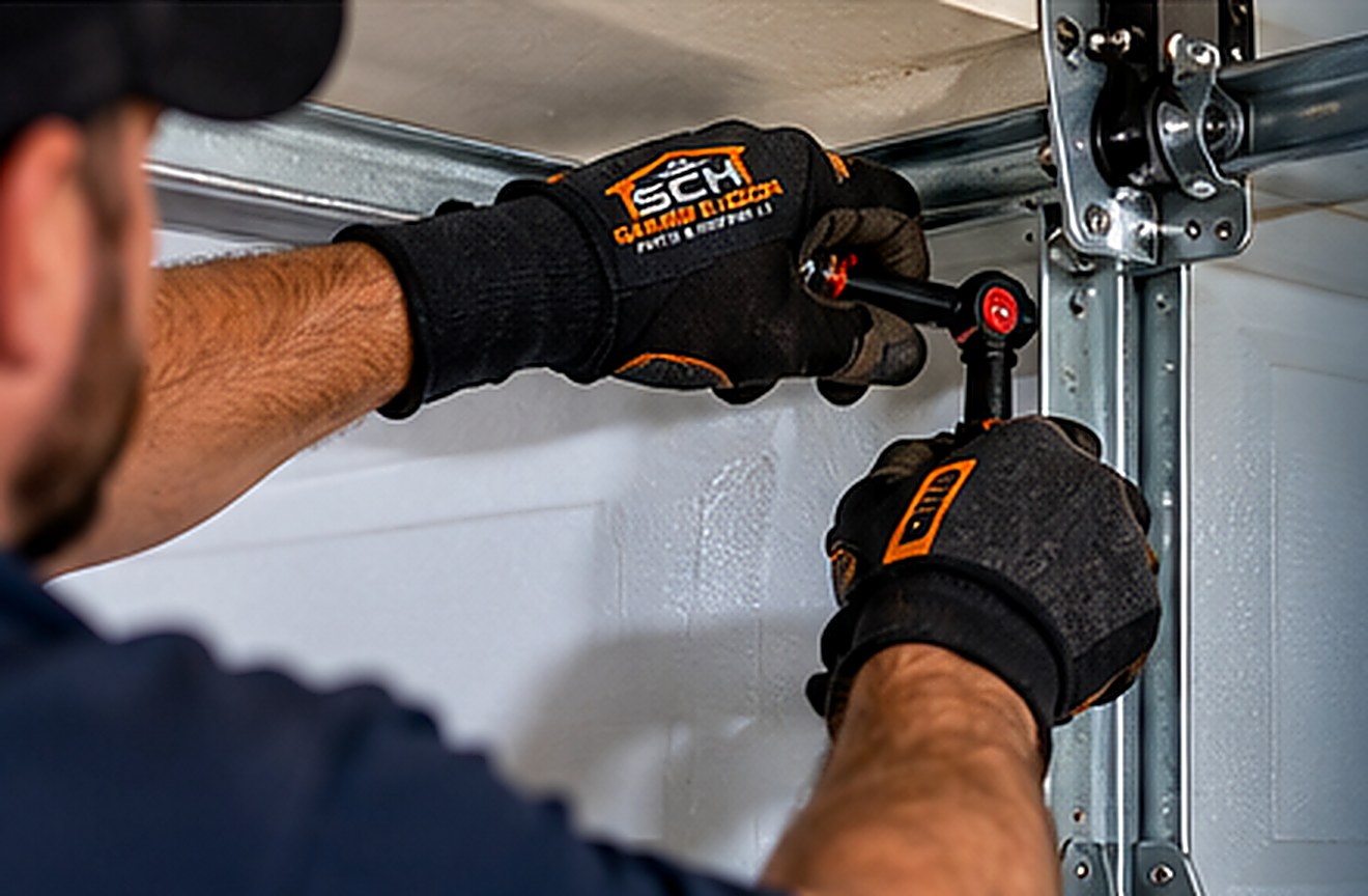 SCH Garage Door technician repairing a garage door track in Manteca and Stockton CA