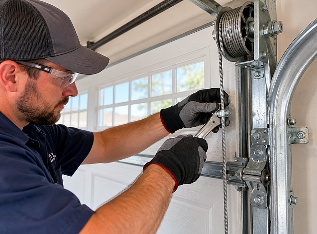 Technician adjusting a garage door lift cable at the drum