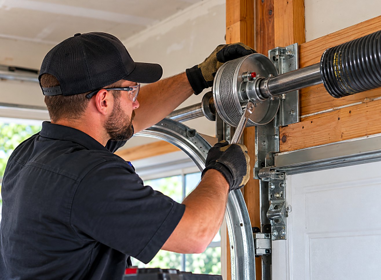 Technician tightening a garage door cable drum on the torsion shaft