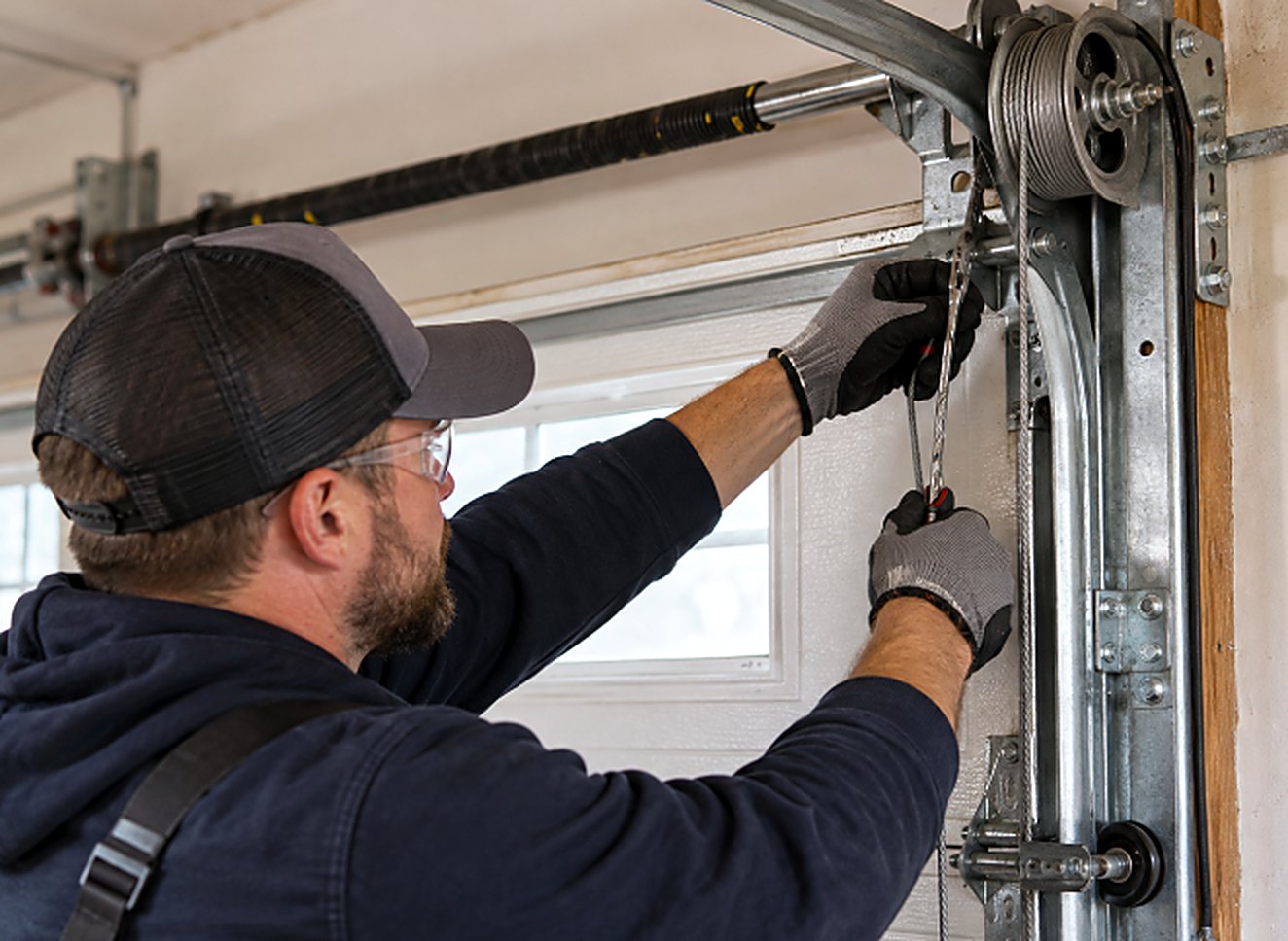 Technician replacing a garage door cable near the bottom bracket