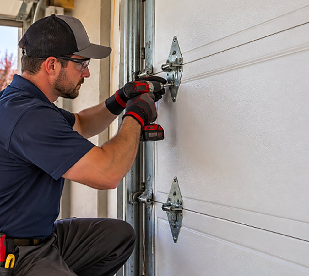 Technician installing new hinges on a white garage door