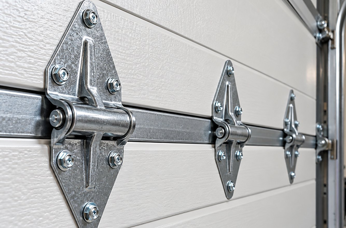 Close up of galvanized steel garage door hinges on door sections