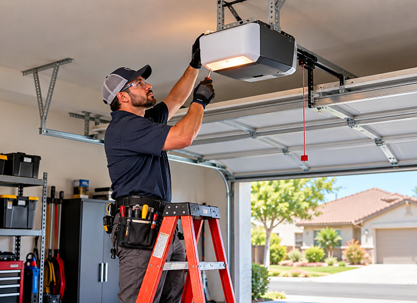 Technician installing a new garage door opener from a ladder