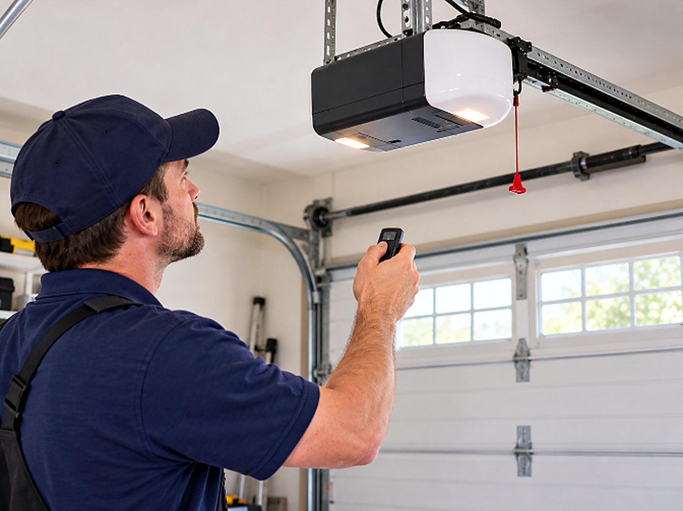 Technician testing a garage door opener with a remote control