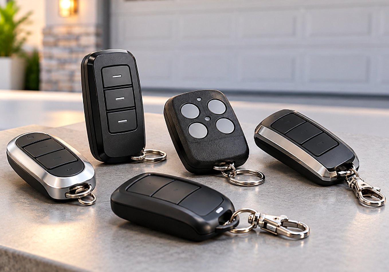 Assorted garage door remote controls on a counter