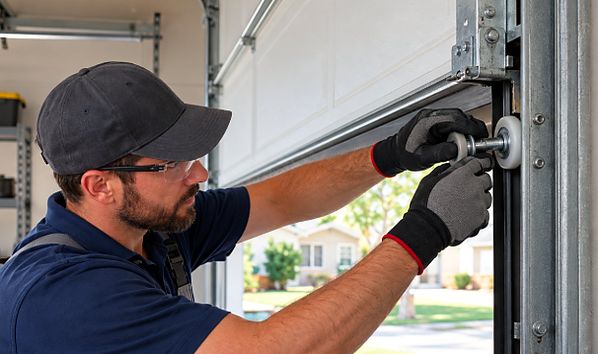Technician replacing a garage door roller in the track