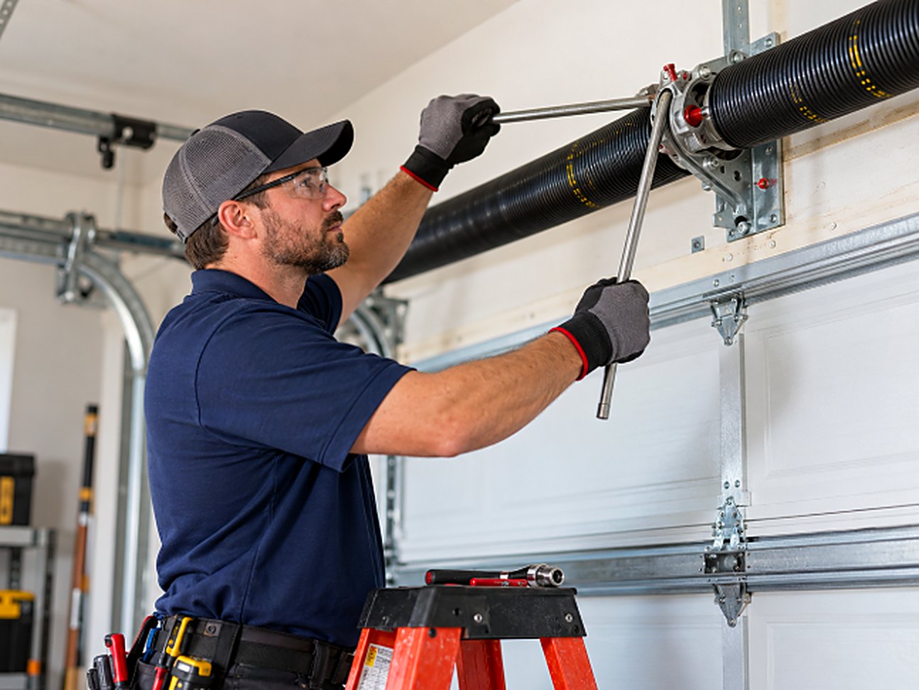 Technician winding a garage door torsion spring with winding bars