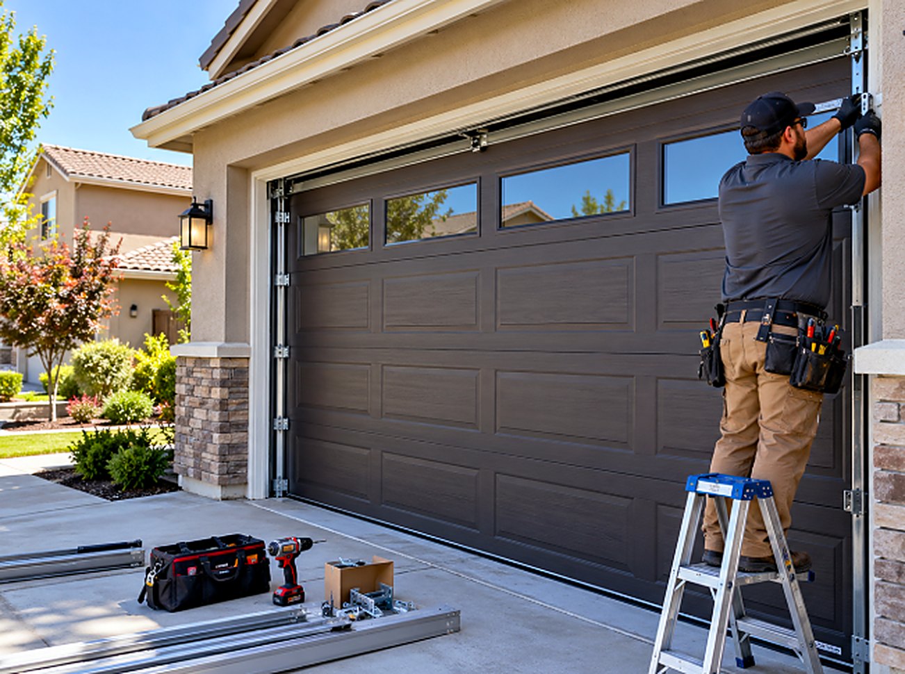 SCH technician installing a new brown garage door with windows
