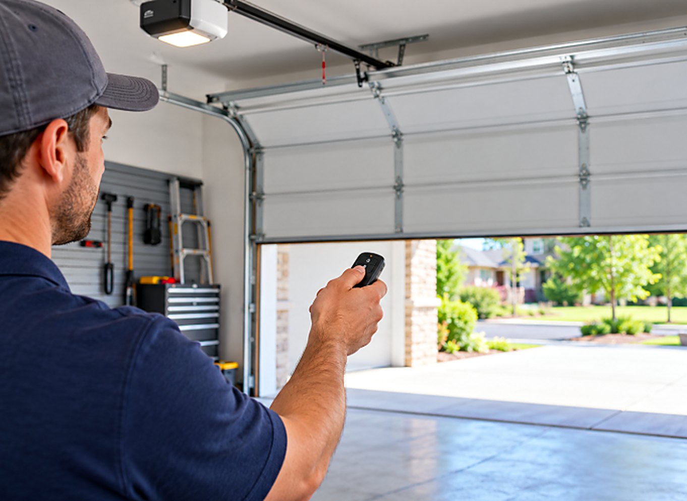 Technician testing a garage door with a remote control