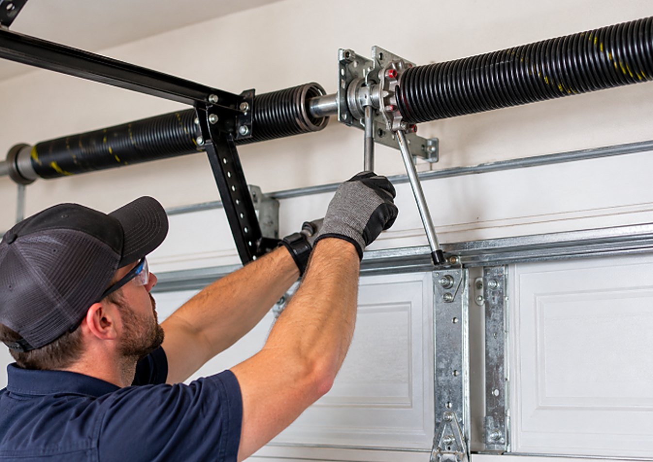 Technician replacing torsion springs above a garage door
